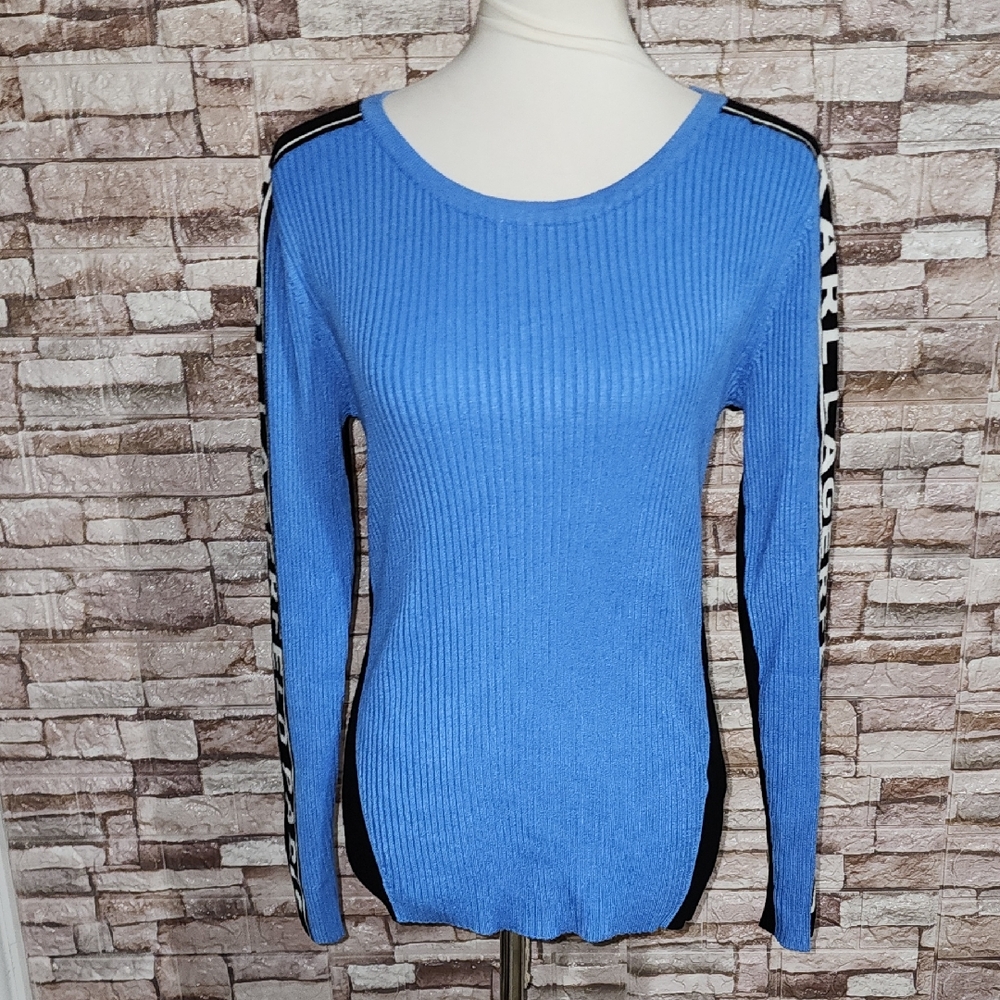 Karl Lagerfeld Blue Ribbed Long Sleeve Sweater with Side Stripe Detail